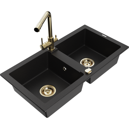 Mexen Mario 2-bowl granite sink with Duero kitchen faucet, black - 6504-77-671600-50