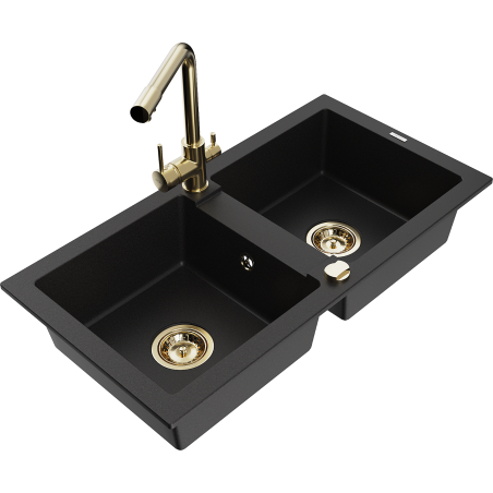 Mexen Mario granite sink 2-chamber with Duero kitchen tap, black - 6504-77-671600-50