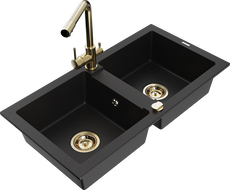 Mexen Mario granite double-bowl sink with Duero kitchen faucet, black - 6504-77-671600-50