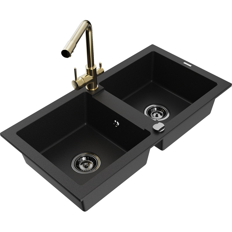 Mexen Mario granite double-bowl kitchen sink with Duero faucet, black - 6504-77-671600-50-B