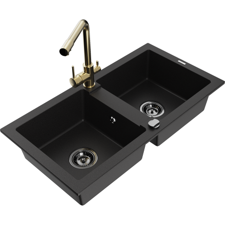 Mexen Mario granite double-bowl kitchen sink with Duero faucet, black - 6504-77-671600-50-B