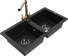 Mexen Mario granite double-bowl sink with Duero kitchen faucet, black - 6504-77-671600-50-B