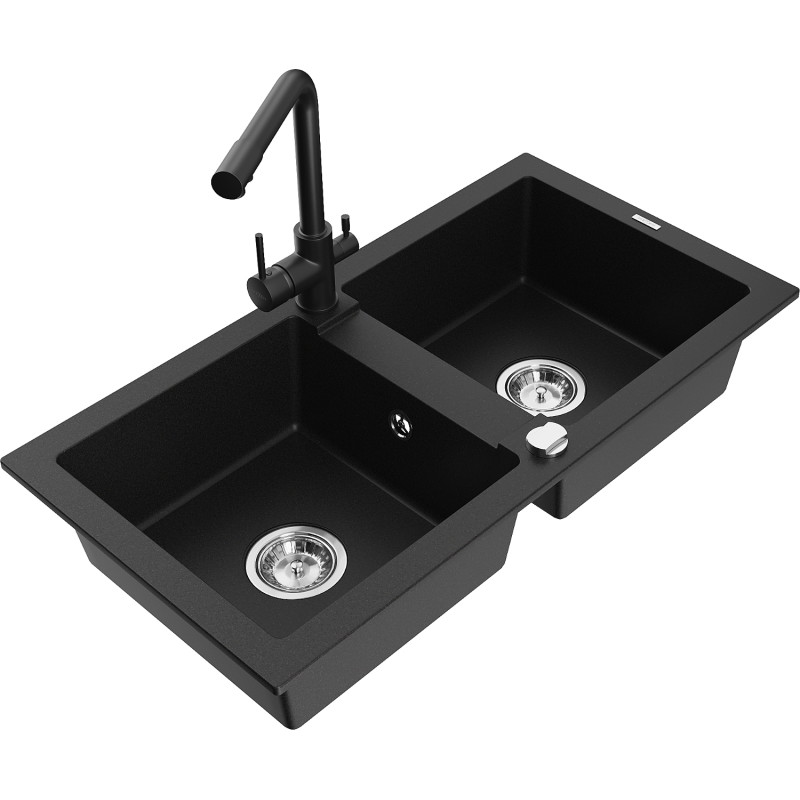 Mexen Mario granite double-bowl sink with Duero kitchen faucet, black - 6504-77-671600-70