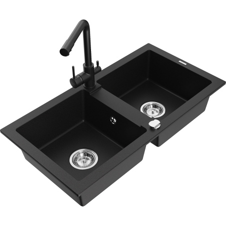 Mexen Mario granite double-bowl sink with Duero kitchen faucet, black - 6504-77-671600-70