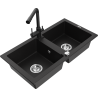 Mexen Mario granite double-bowl sink with Duero kitchen faucet, black - 6504-77-671600-70