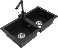 Mexen Mario 2-bowl granite sink with Duero kitchen faucet, black - 6504-77-671600-70