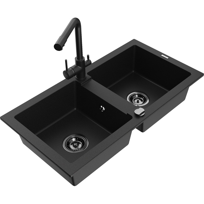 Mexen Mario granite double-bowl kitchen sink with Duero faucet, black - 6504-77-671600-70-B