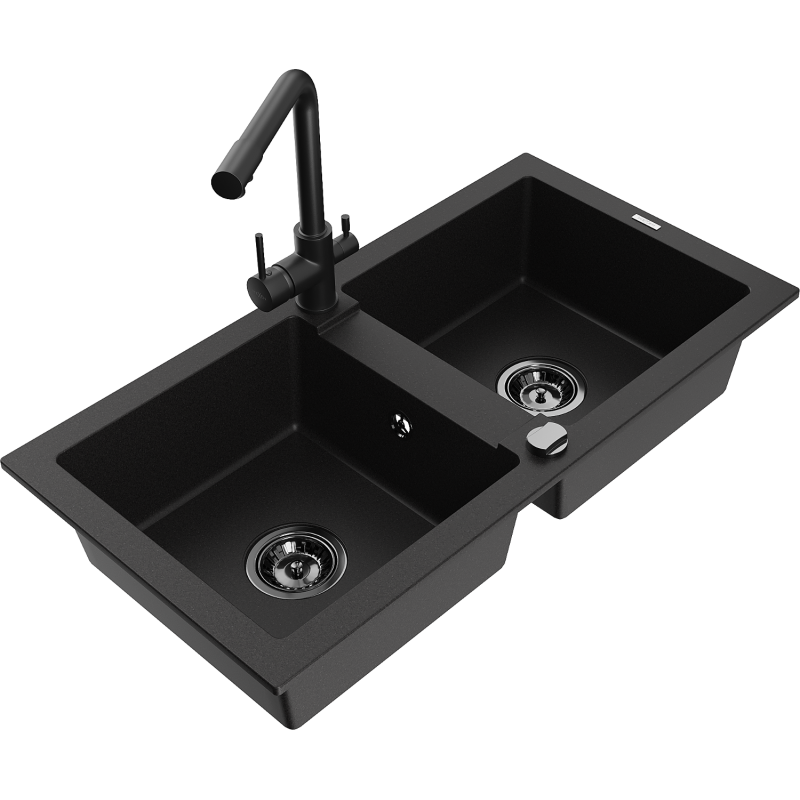 Mexen Mario granite sink 2-compartment with Duero kitchen tap, black - 6504-77-671600-70-B