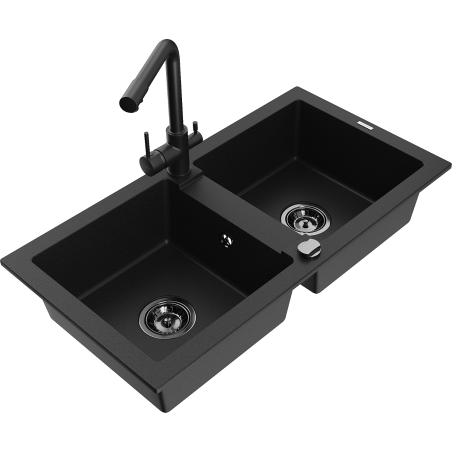 Mexen Mario granite kitchen sink 2-bowl with Duero kitchen faucet, black - 6504-77-671600-70-B