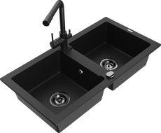 Mexen Mario granite sink 2-compartment with Duero kitchen tap, black - 6504-77-671600-70-B