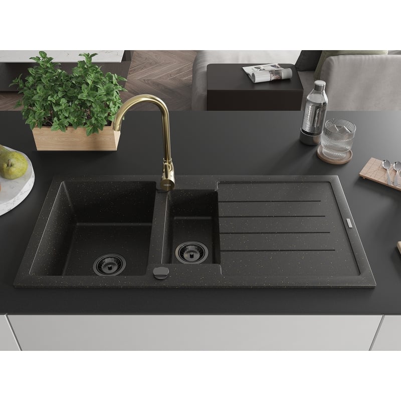 Mexen Andres 1.5-bowl granite sink with drainer and Telma kitchen faucet, black/gold - 6515-75-670200-50-B