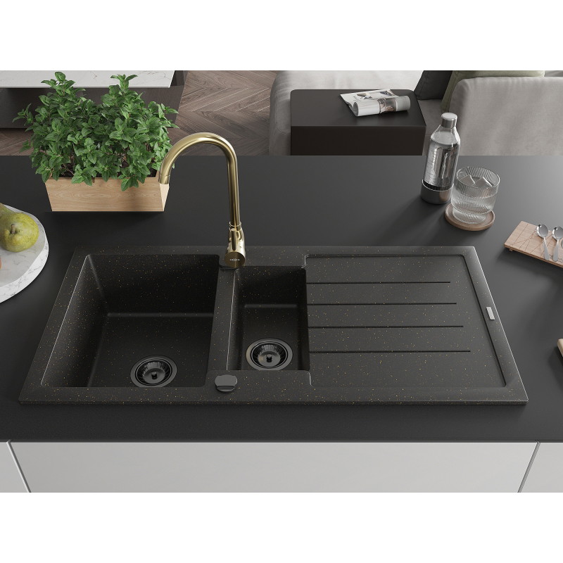 Mexen Andres granite sink 1.5-bowl with drainer and Telma kitchen faucet, black/gold - 6515-75-670200-50-B