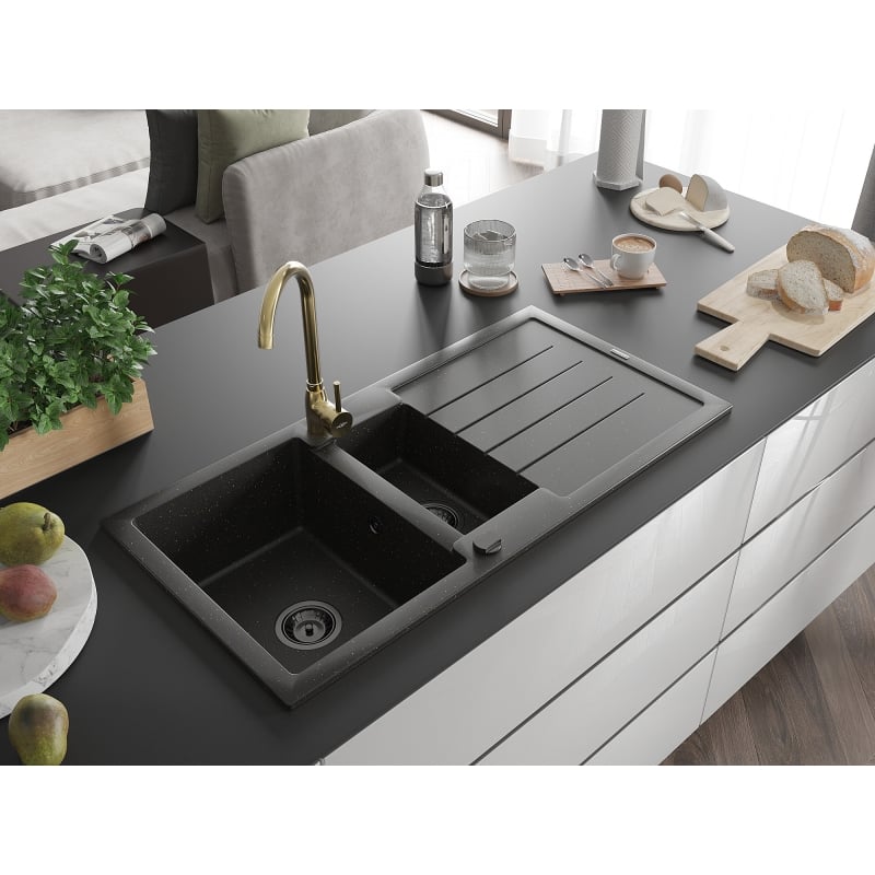 Mexen Andres 1.5-bowl granite sink with drainer and Telma kitchen faucet, black/gold - 6515-75-670200-50-B