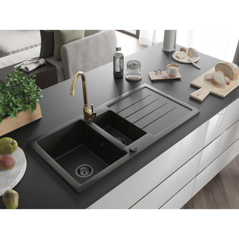 Mexen Andres granite sink 1.5-bowl with drainer and Telma kitchen faucet, black/gold - 6515-75-670200-50-B