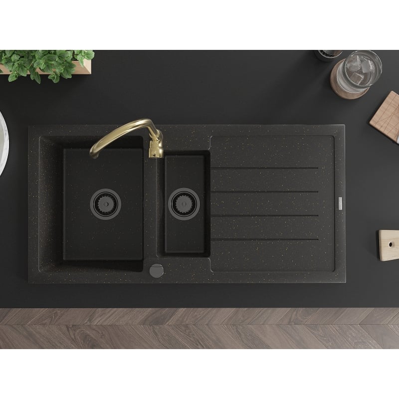 Mexen Andres 1.5-bowl granite sink with drainer and Telma kitchen faucet, black/gold - 6515-75-670200-50-B