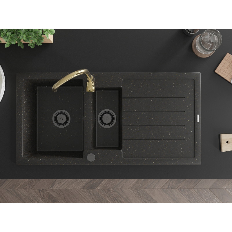 Mexen Andres granite sink 1.5-bowl with drainer and Telma kitchen faucet, black/gold - 6515-75-670200-50-B