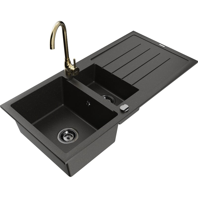 Mexen Andres 1.5-bowl granite sink with drainer and Telma kitchen faucet, black/gold - 6515-75-670200-50-B