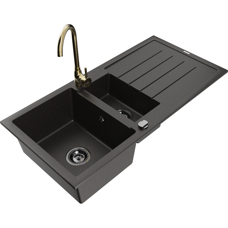 Mexen Andres 1.5-bowl granite sink with drainer and Telma kitchen tap, black/gold - 6515-75-670200-50-B