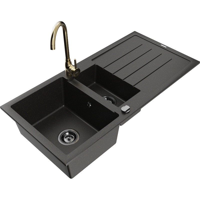 Mexen Andres granite sink 1.5-bowl with drainer and Telma kitchen faucet, black/gold - 6515-75-670200-50-B
