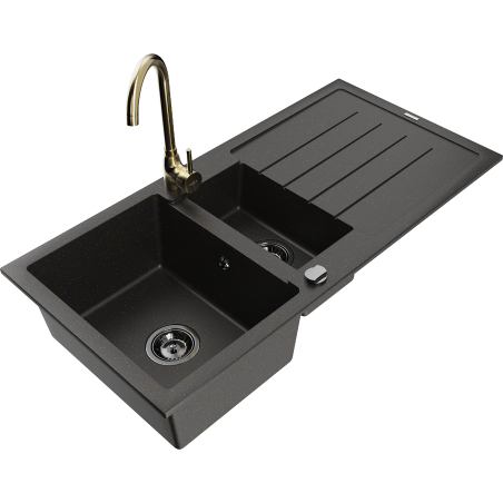 Mexen Andres 1.5-bowl granite sink with drainer and Telma kitchen faucet, black/gold - 6515-75-670200-50-B