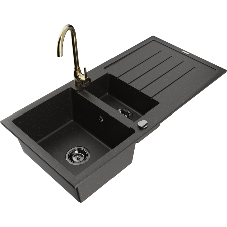 Mexen Andres granite sink 1.5-bowl with drainer and Telma kitchen faucet, black/gold - 6515-75-670200-50-B