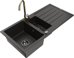 Mexen Andres granite sink 1.5-bowl with drainer and Telma kitchen faucet, black/gold - 6515-75-670200-50-B