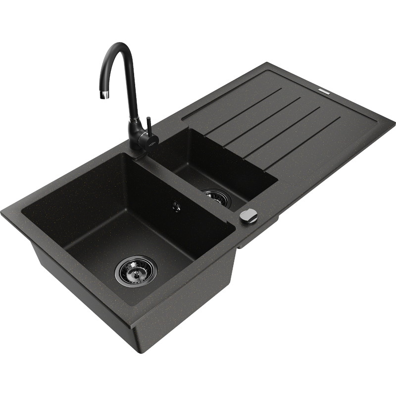 Mexen Andres 1.5-bowl granite sink with drainer and kitchen faucet Telma, black/gold - 6515-75-670200-70-B