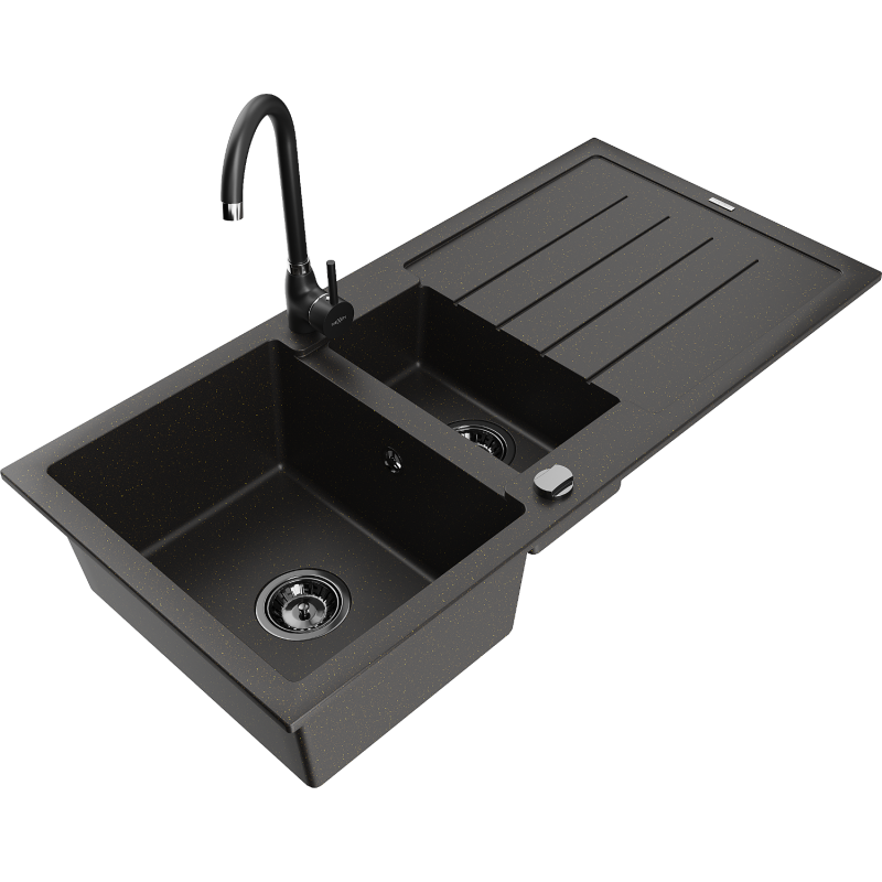 Mexen Andres granite sink 1.5-bowl with drainer and Telma kitchen tap, black/gold - 6515-75-670200-70-B