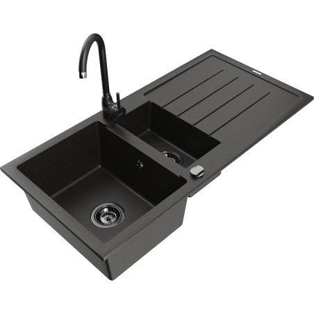 Mexen Andres 1.5-compartment granite sink with a drip tray and kitchen mixer tap Telma, Black/Gold - 6515-75-670200-70-B