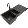 Mexen Andres granite sink 1.5-bowl with drainer and Telma kitchen tap, black/gold - 6515-75-670200-70-B