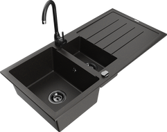 Mexen Andres granite sink 1.5-bowl with drainer and Telma kitchen tap, black/gold - 6515-75-670200-70-B