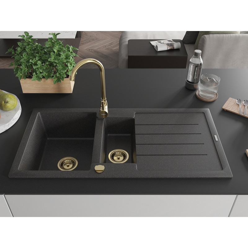 Mexen Andres 1.5-bowl granite sink with drainer and Telma kitchen faucet, black speckled - 6515-76-670200-50