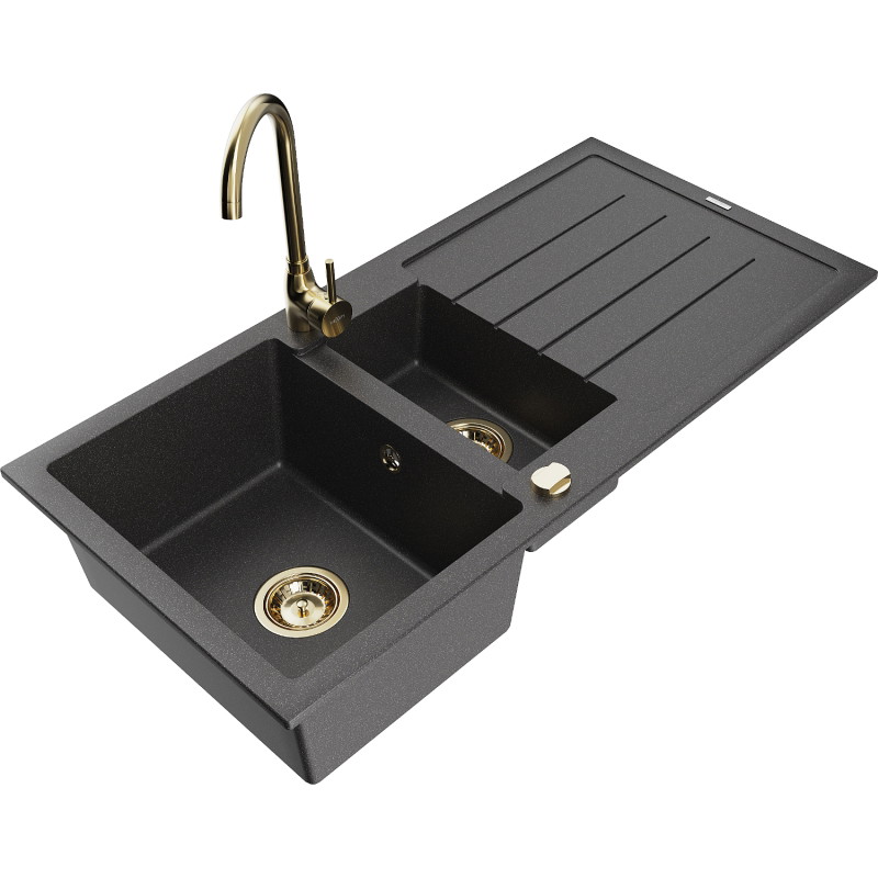 Mexen Andres 1.5-bowl granite sink with drainer and Telma kitchen faucet, black speckled - 6515-76-670200-50