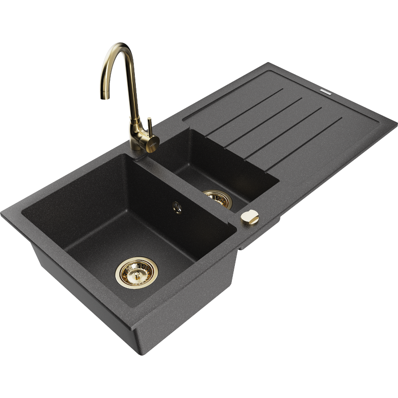 Mexen Andres 1.5-compartment granite sink with a drip tray and kitchen mixer tap Telma, spotted black - 6515-76-670200-50