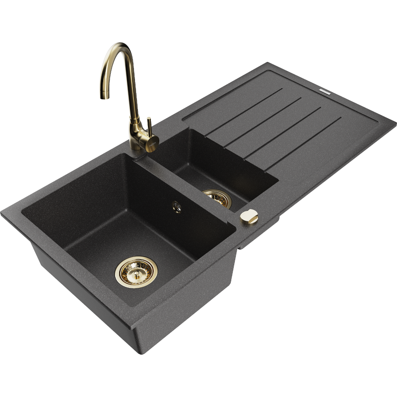 Mexen Andres Granite Sink 1.5-Bowl with Drainer and Telma Kitchen Tap, Speckled Black - 6515-76-670200-50
