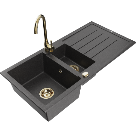Mexen Andres granite sink 1.5-bowl with drainer and Telma kitchen faucet, black speckled - 6515-76-670200-50