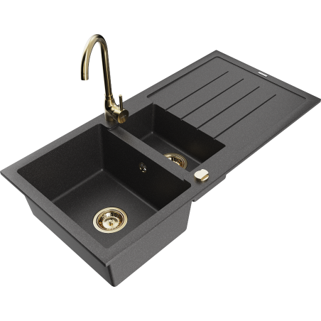 Mexen Andres Granite Sink 1.5-Bowl with Drainer and Telma Kitchen Tap, Speckled Black - 6515-76-670200-50