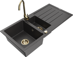Mexen Andres 1.5-bowl granite sink with drainer and Telma kitchen faucet, black speckled - 6515-76-670200-50
