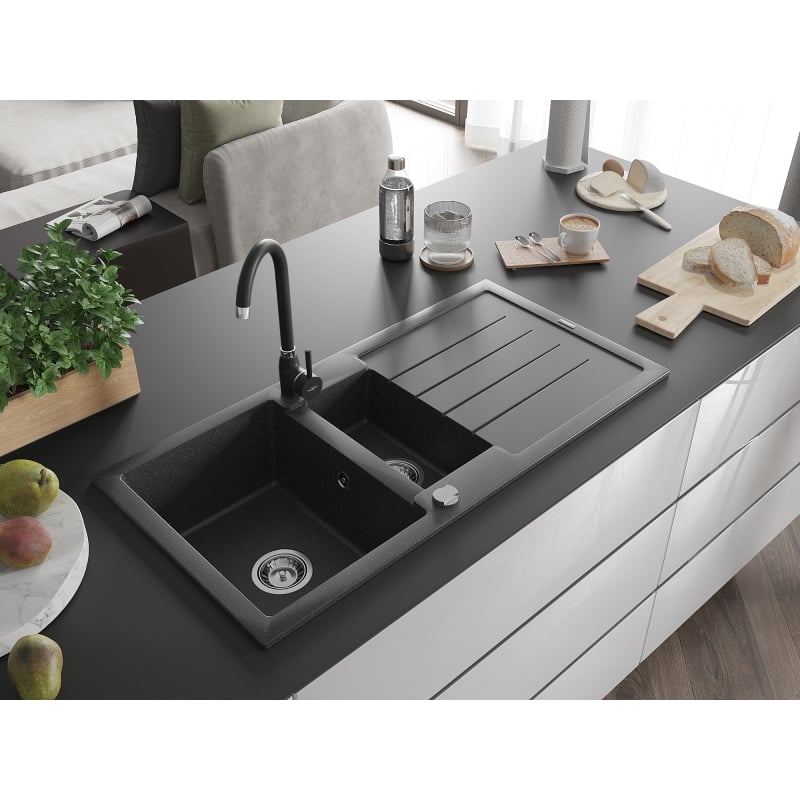 Mexen Andres granite sink 1.5-bowl with drainer and Telma kitchen faucet, speckled black - 6515-76-670200-70