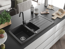 Mexen Andres 1.5-compartment granite sink with a drip tray and kitchen mixer tap Telma, spotted black - 6515-76-670200-70