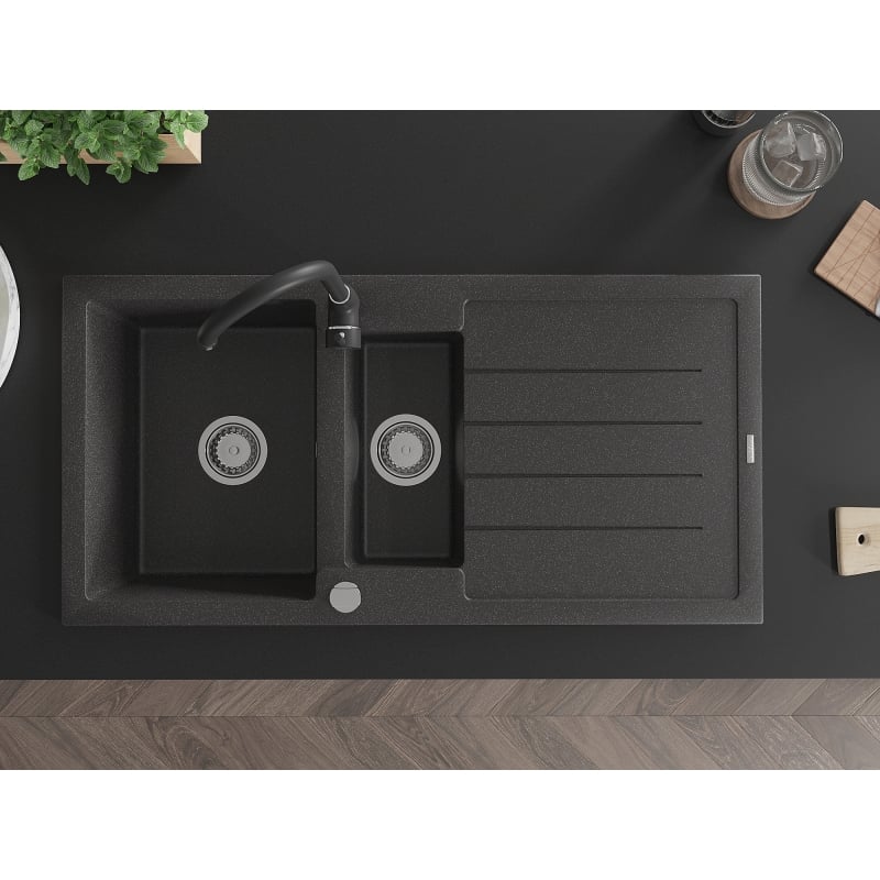 Mexen Andres granite sink 1.5-bowl with drainer and Telma kitchen faucet, speckled black - 6515-76-670200-70