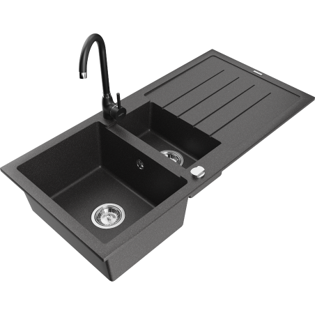 Mexen Andres granit sink 1.5-bowl with drainer and Telma kitchen faucet, black speckled - 6515-76-670200-70