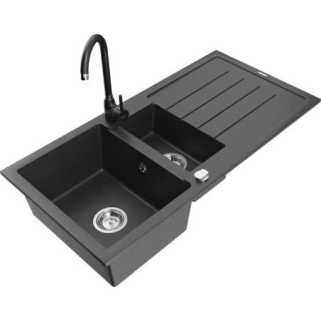 Mexen Andres granite sink 1.5-bowl with drainer and Telma kitchen faucet, speckled black - 6515-76-670200-70