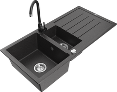 Mexen Andres 1.5-compartment granite sink with a drip tray and kitchen mixer tap Telma, spotted black - 6515-76-670200-70