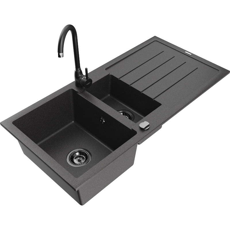 Mexen Andres granite sink 1.5-bowl with drainer and Telma kitchen faucet, black speckled - 6515-76-670200-70-B