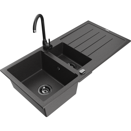 Mexen Andres granite sink 1.5-bowl with drainer and Telma kitchen faucet, speckled black - 6515-76-670200-70-B