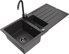 Mexen Andres granite sink 1.5-bowl with drainer and Telma kitchen faucet, speckled black - 6515-76-670200-70-B