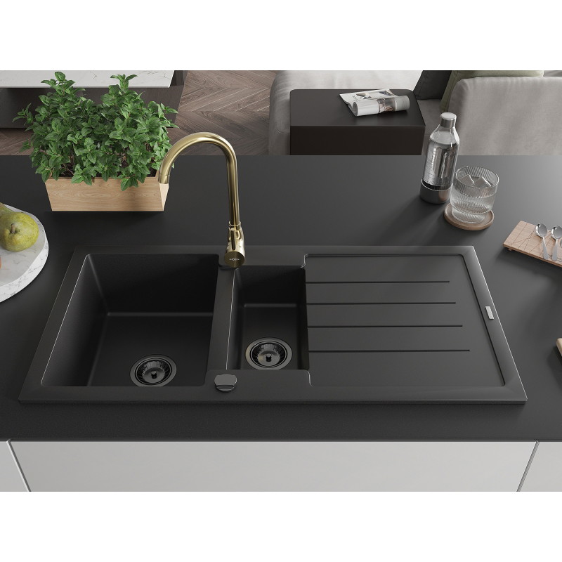 Mexen Andres granite sink 1.5-bowl with drainer and Telma kitchen faucet, black - 6515-77-670200-50-B