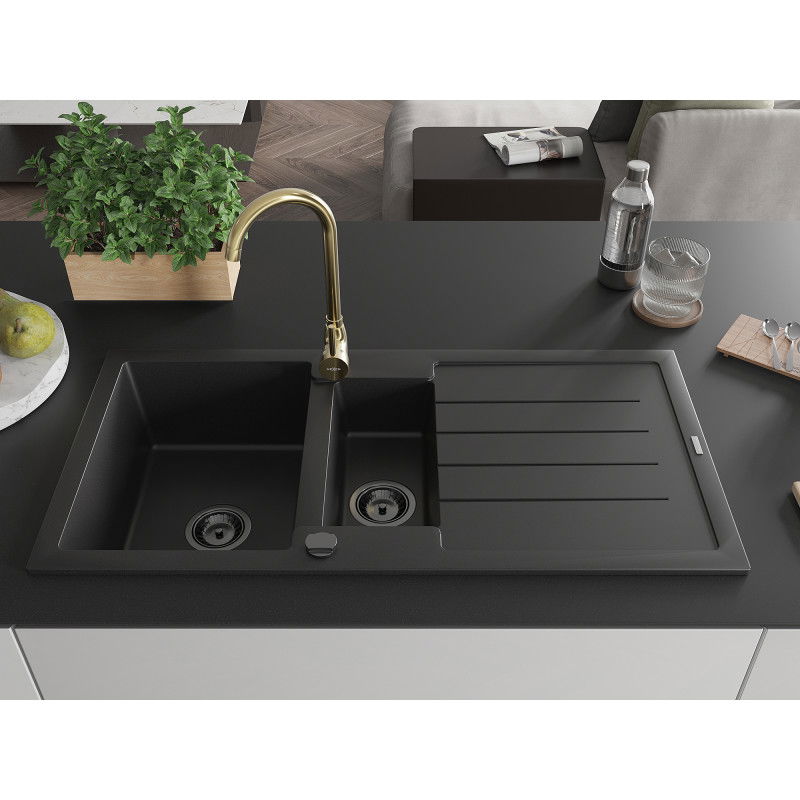 Mexen Andres granite sink 1.5-bowl with drainer and Telma kitchen tap, black - 6515-77-670200-50-B