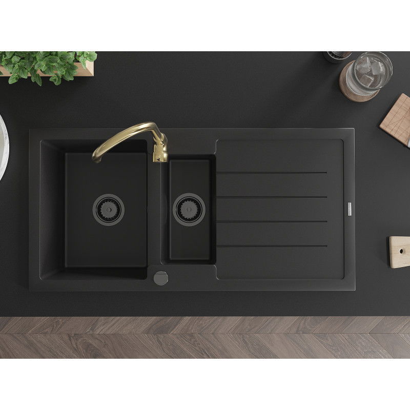 Mexen Andres granite sink 1.5-bowl with drainer and Telma kitchen tap, black - 6515-77-670200-50-B